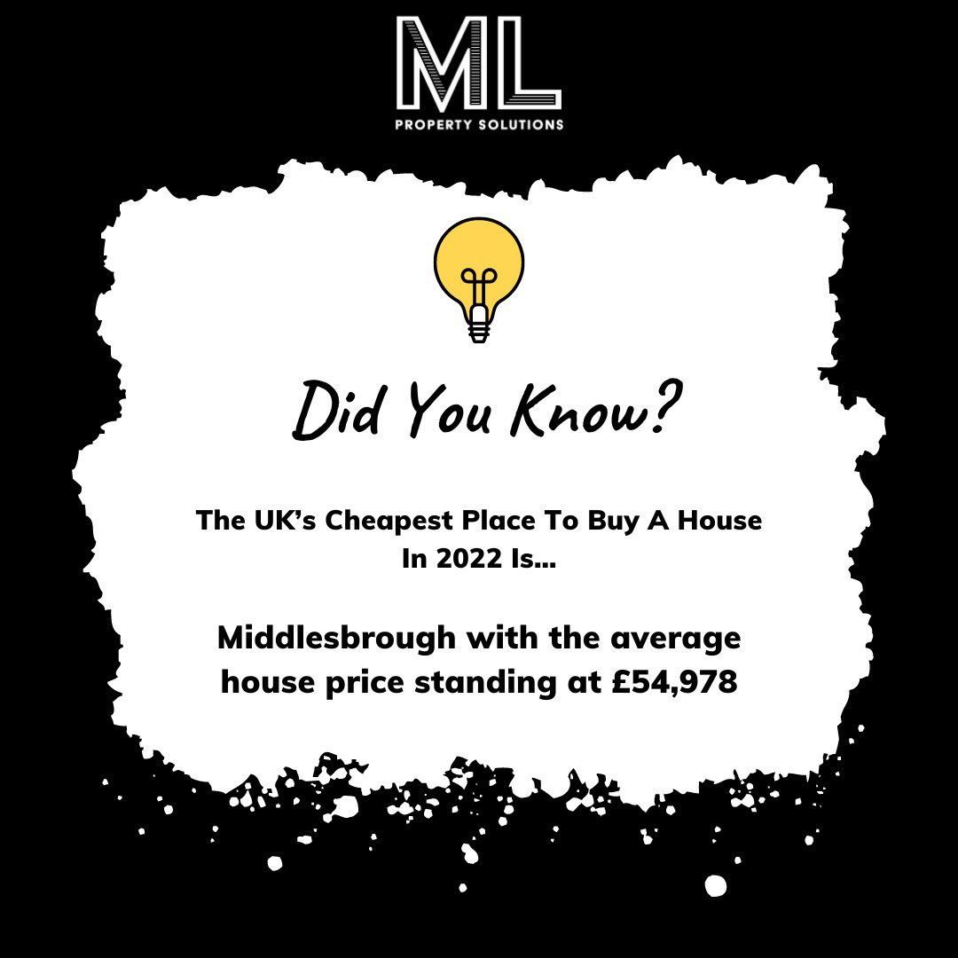 Fun Fact Friday 🙌

Middlesbrough currently stands at the cheapest place in the UK to buy a property 

We have lots of stock at the ready 

If you’re wanting to invest in property 

📧 georgia@mlpropertysolutions.co.uk