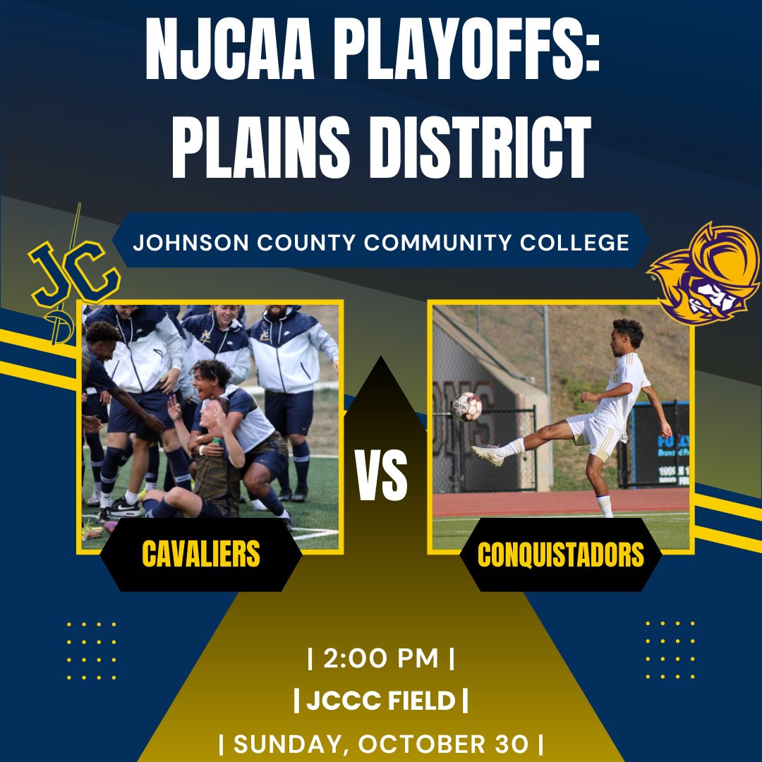 JCCCAthletics's tweet photo. Join us this Sunday as #18 @JcccMsoc hosts Game 1 of the @NJCAA_Soccer Playoffs! 

The Cavaliers will be hosting @GoConqs at JCCC Fields, make sure to come out and support Cavaliers!

📍 JCCC Field
⏰ 2:00 PM 
📅 Oct. 30

| #GoCavs | #LetsRide | #LocalTalent | https://t.co/eEJba7z58Y