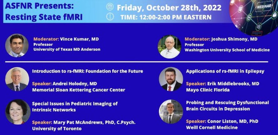 theASFNR's tweet photo. Reminder to join Resting State fMRI #ASFNRPresents in 15 minutes!
Register here: https://t.co/HrkV7aMIMj https://t.co/pFrQiXRJyR