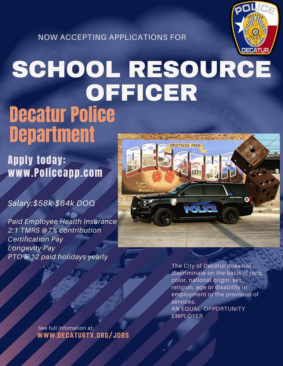 DecaturPD's tweet image. Continuing our strong partnership with @decaturisd, we are currently accepting applications for School Resource Officer.  Don't miss out on a great opportunity to join us and serve your community!