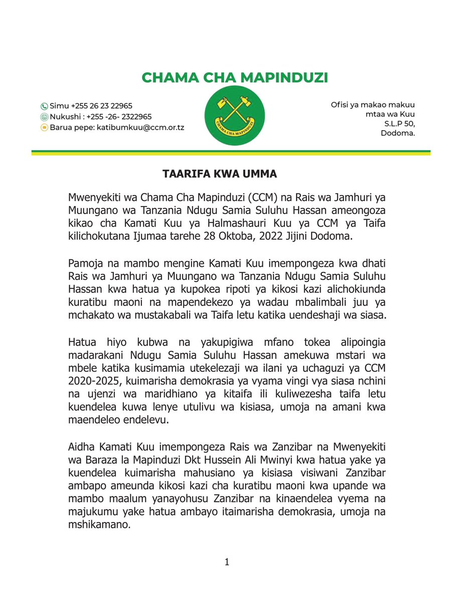 ccm_tanzania's tweet photo. Taarifa kwa Umma ya Kikao Cha Kamati Kuu Ya CCM Taifa kilichokutana leo Oktoba 28, 2022, Jijini Dodoma.

#CCMImara 
#KaziIendelee https://t.co/T41ZKEig0g