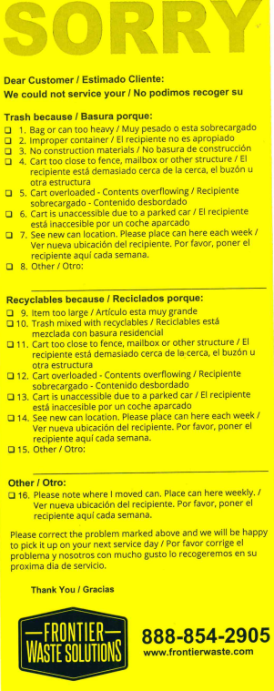 (1/2) Beginning October 31, Frontier Waste Solutions (City of Balch Springs solid waste provider), will begin yellow tagging garbage and recycling bins when they are unable to collect garbage for any of the reasons listed on the yellow tag shown below.
