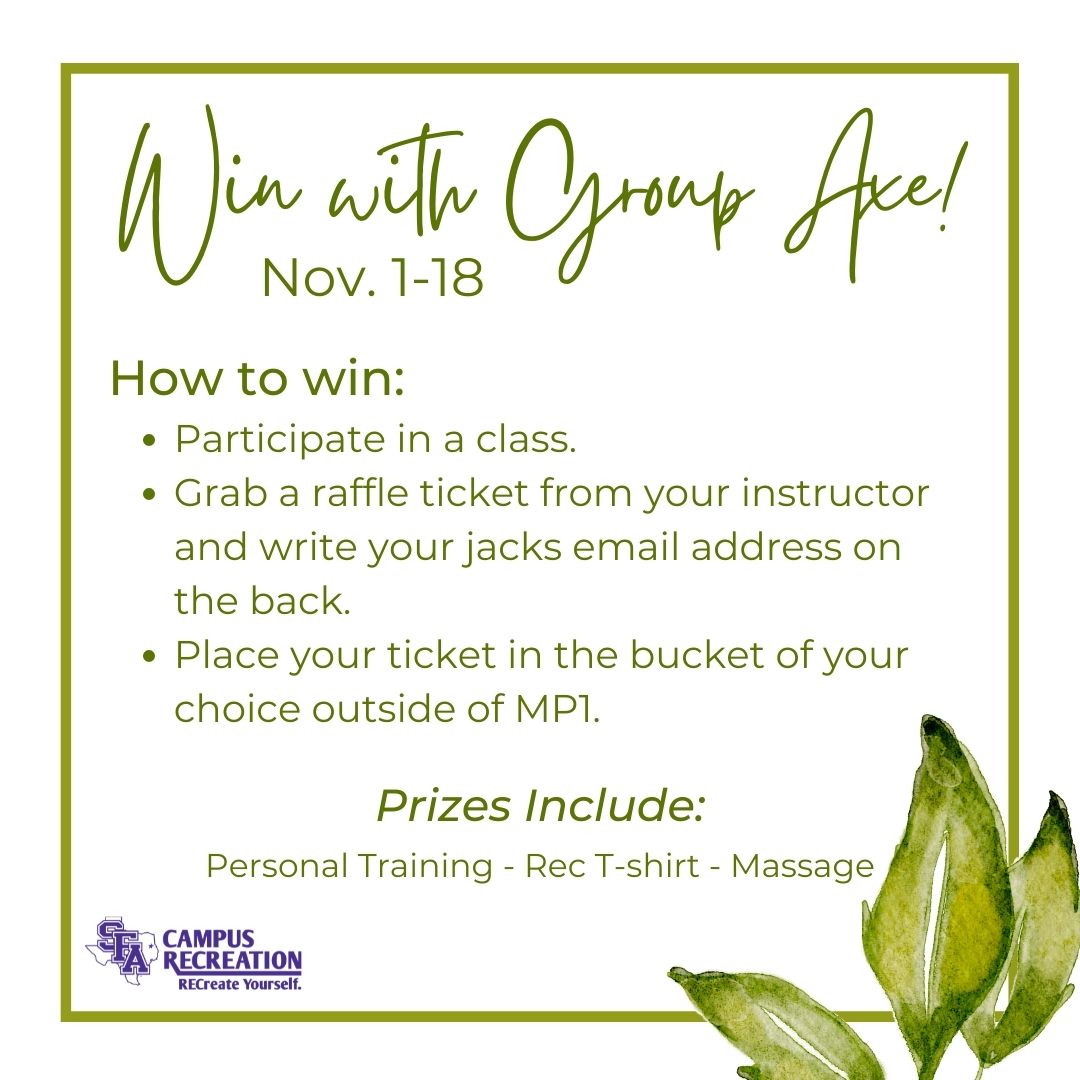 If you haven't yet, it's not too late to enter the raffle! Only one more week left for you chance to win personal trainer, a campus rec shirt, or massage therapy! Check out our website or the flyers posted around the Campus Rec for more information about our Group Axe Classes.