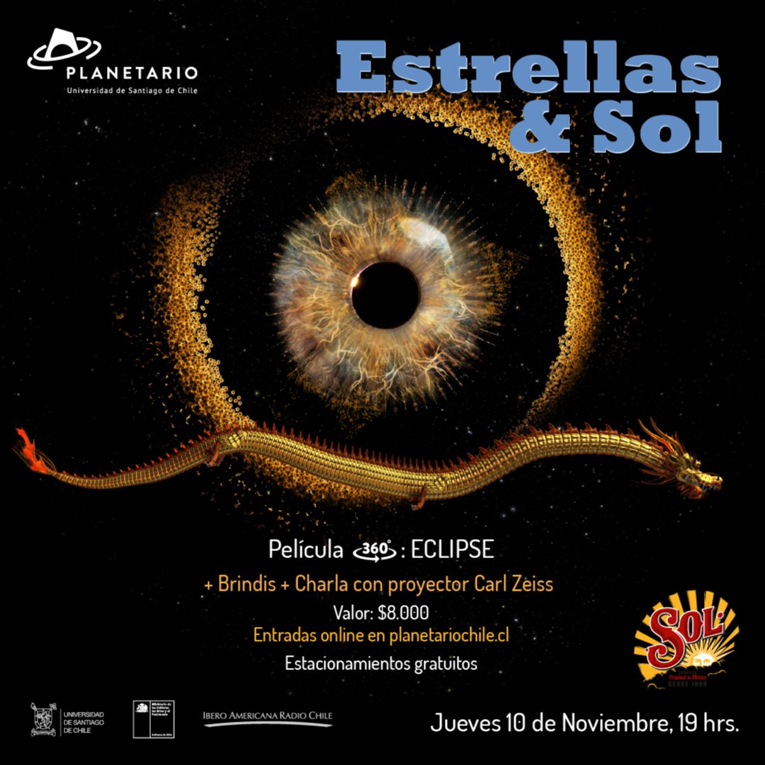 PlanetarioChile's tweet photo. Conoce el universo luego de brindar con una 
@CervezaSol_CL
El 10 de noviembre disfrutarás la película Eclipse, en formato 360 con proyección inmersiva HD, y una charla sobre el cielo nocturno, con el proyector Carl Zeiss

Entradas $ 8.000 en https://t.co/J60Rw0VHBf https://t.co/FD7zU7eBna
