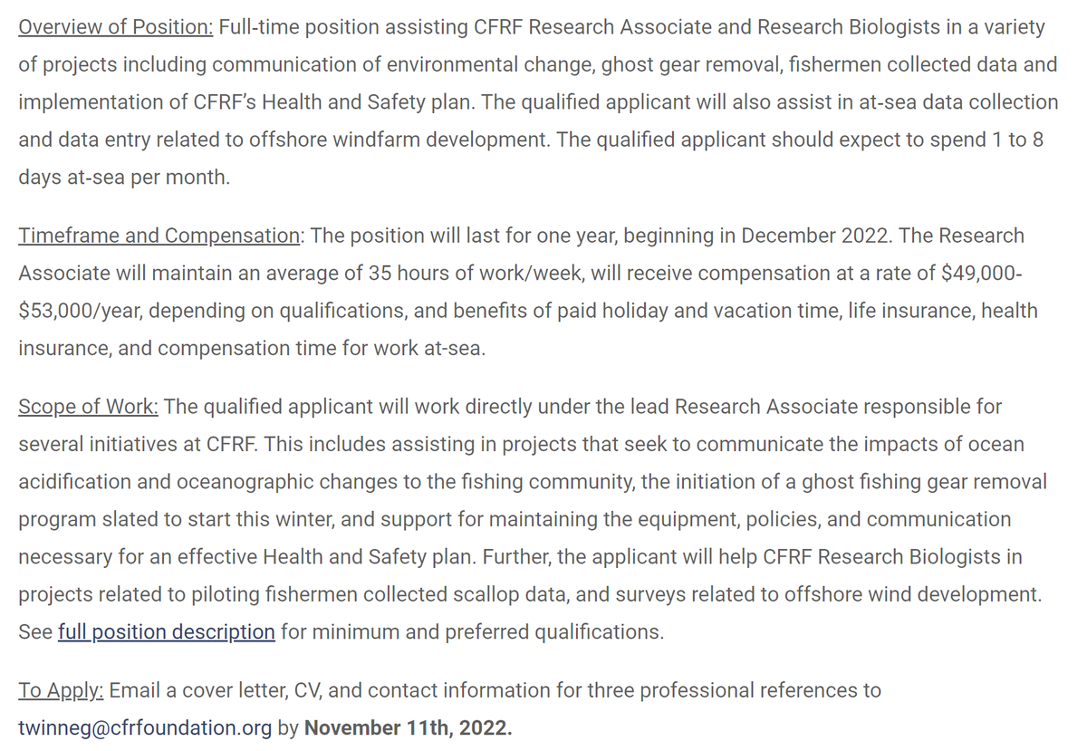 CFRF_RI's tweet photo. WE'RE HIRING!

The CFRF is currently seeking applicants for a Full-Time Research Associate position to begin in December. Please share!

#fisheriesjobs #JobAlert #marinebiology https://t.co/jHJ5eihsn2