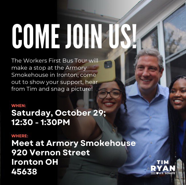 Tomorrow! Catch <a href="/TimRyan/">Tim Ryan</a> on the Workers First Tour at the Armory Smokehouse in Ironton!