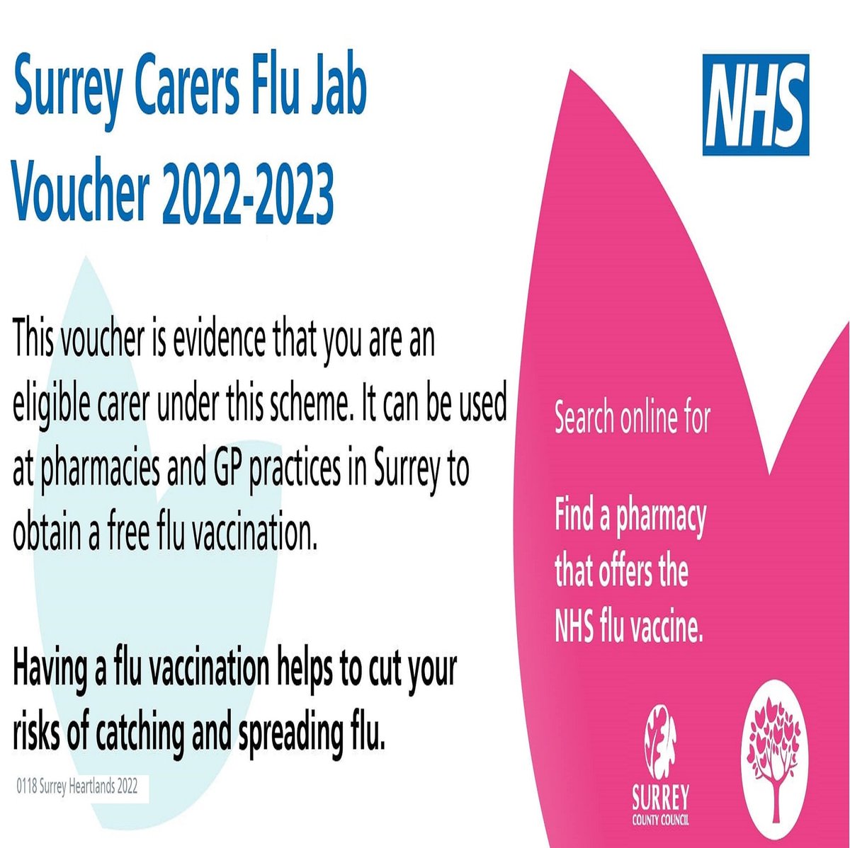 Are you an unpaid carer for someone who is elderly or disabled? You can ask your GP for a #flu jab or take a #SurreyCarers Flu Jab Voucher to a pharmacy offering the NHS flu vaccine. It show you are known to carers services & entitled to a free vaccination orlo.uk/q1AdF