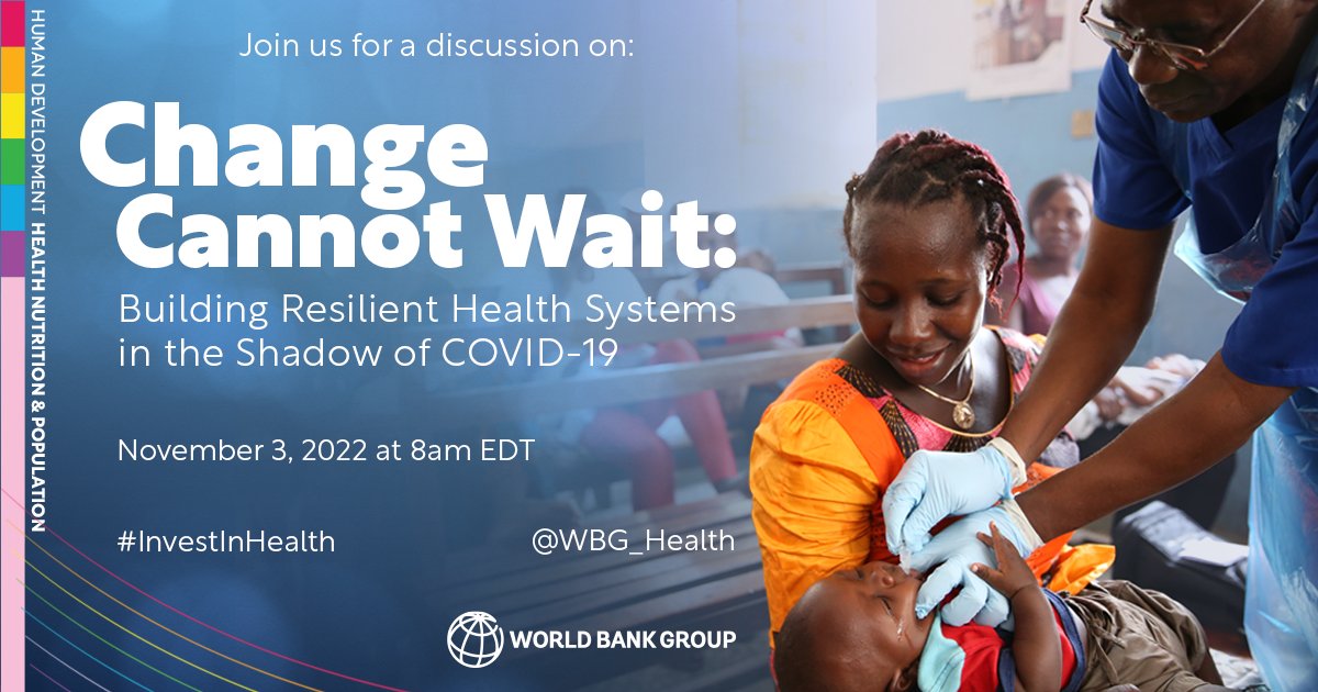 WorldBank's tweet image. EVENT | COVID-19 highlighted the importance of resilient health systems for preventing, preparing &amp;amp; responding to emergencies. But which features are essential for resilient #healthsystems? 

Join our experts and send them your questions on Nov 3, 8am EDT: wrld.bg/Tyo550Lo50P
