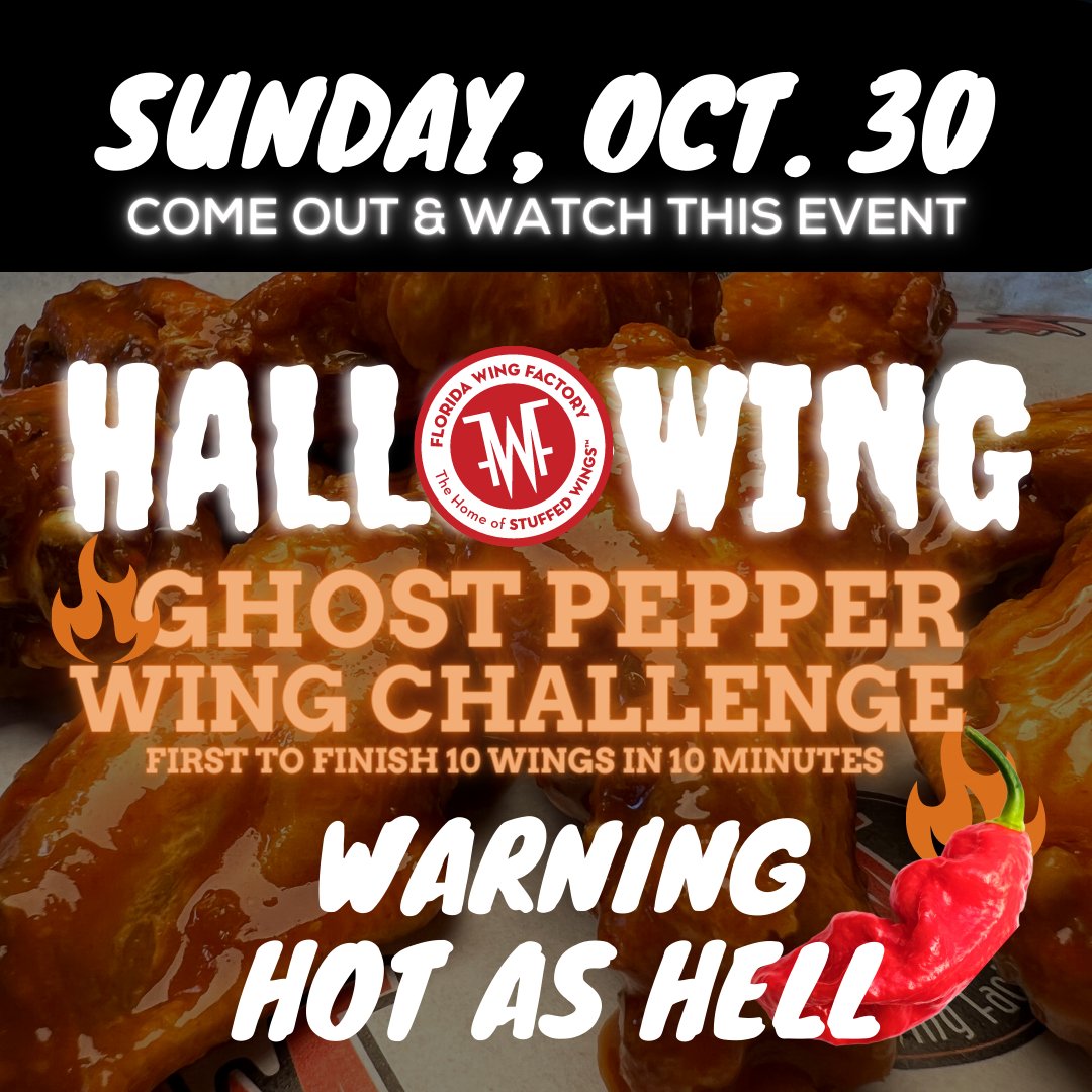 FLWingFactory's tweet photo. It's our hottest event of the year! This Sunday @ 6PM the competition gets real. Cheer on the bravest wing lovers in Tallahassee, and see them take on this 💥  explosive 💥  challenge. https://t.co/8fbD67PFa3