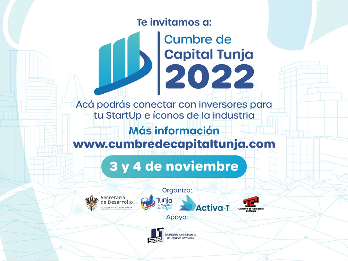 Te invitamos a la Cumbre de Capital 2022

Si eres o conoces un Venture Capital esta información te puede interesar

Más información
cumbredecapitaltunja.com

Apoya SAEJ.

#TunjaCapitalParaInvertir #CumbreDeCapitalTunja <a href="/AlcaldiaTunja/">Alcaldía Mayor de Tunja</a> <a href="/camaratunja/">CámaraComercioTunja</a> <a href="/activaTTunja/">Activa T Tunja</a>