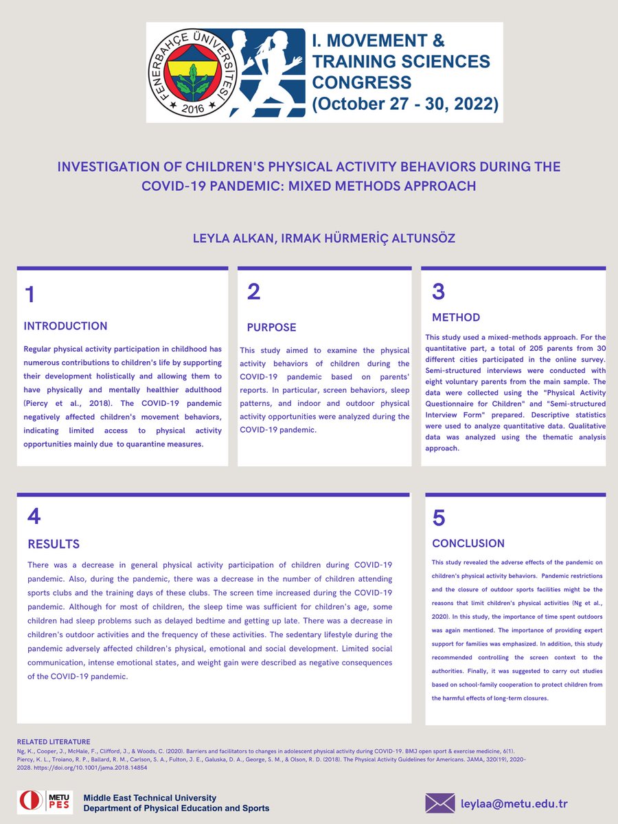 New presentation: “Investigation of children’s physical activity behaviors during the COVID-19 pandemic:  Mixed methods approach” presented by our PhD student Leyla Alkan ⁦<a href="/leylaalkanodtu/">leyla alkan</a>⁩ at the I. Movement &amp; Training Sciences Congress