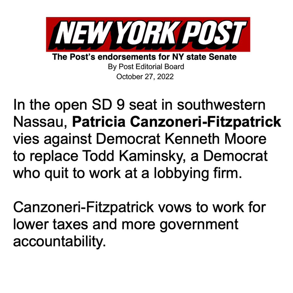 Now the New York Post has endorsed Me.  Change is coming to New York!
“Canzoneri-Fitzpatrick vows to work for lower taxes and more government accountability.”