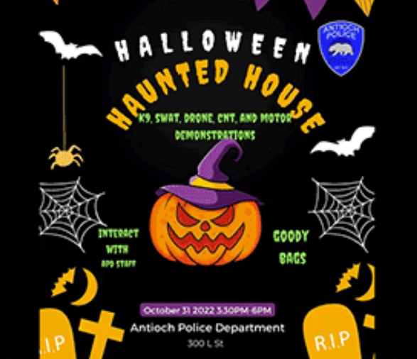 TriDeltaTransit's tweet photo. The Antioch Police Department Haunted House is BACK! Join the fun Monday, October 31st, from 3:30 - 6:00 pm at 300 L Street.  

Tri Delta Transit can get you there. Take Route 388 or 380 to your spooky destination. Take pictures as you ride, and tag us at #trideltatransit. https://t.co/UZEEb0SUow