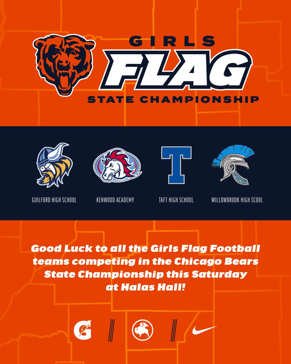 This Saturday, October 29 the Final Four Girls Flag Football @BearsOutreach State Championships are set at Halas Hall on Lake Forest. Good luck to all the teams including our to CPL representatives @TaftHSAthletics and @KenwoodSports.