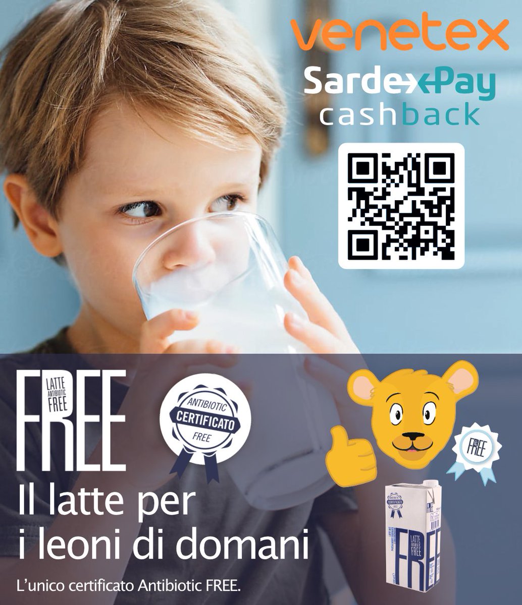 Scopri il mondo di SardexPay cashback con
VENETEX e LATTE FREE® 🟠🔵🥛
Acquista subito da #lattefree, l'unico venditore di latte certificato Antibiotic FREE e ricevi un cashback da spendere negli altri negozi aderenti al programma
Inquadra il QR e scarica l'APP
#venetex #cashback