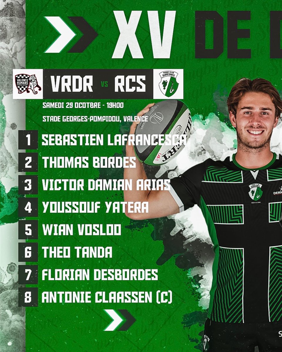 RCSuresnes's tweet image. [ COMPOSITION 📇 ]

Voici la liste de 23 verts et noirs retenus par David Auradou pour ce déplacement en Drôme. 
Le match sera retransmis en direct depuis l’espace Léon Dussert. Coup d’envoi 19h ! 

#AllezSuresnes