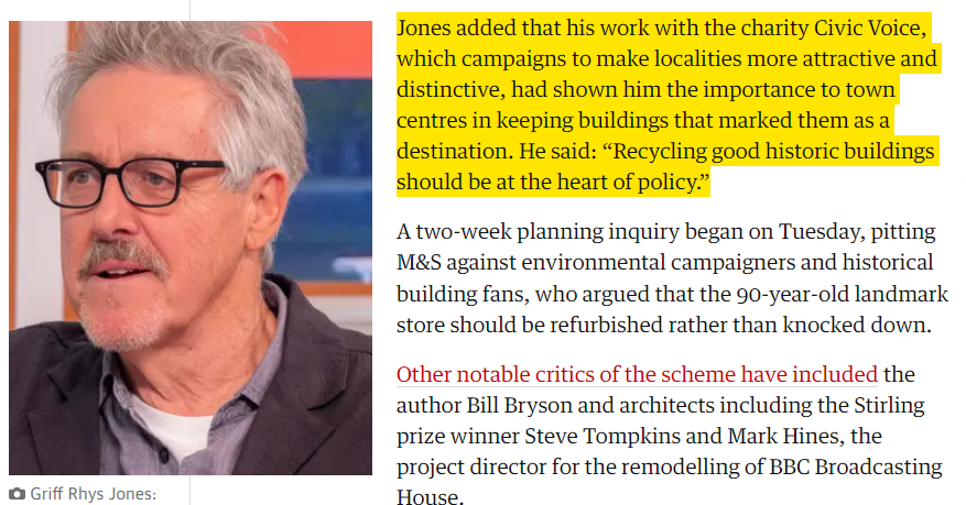 civic_voice's tweet photo. Griff Rhys Jones (@G_RhysJones), in today's @guardiannews criticises M&amp;S plan for Oxford Street store. Jones added 'his work with Civic Voice.... had shown him the importance to town centres in keeping buildings that marked them as a destination'
https://t.co/UY3M0LNg2S https://t.co/ugpSARHY45
