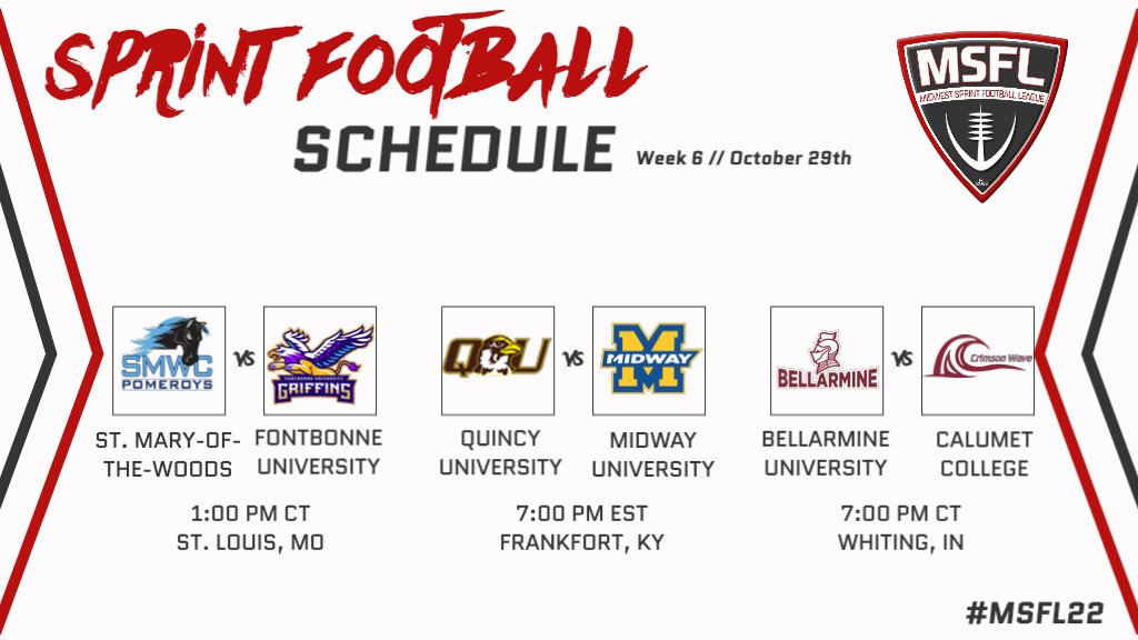 MidwestSFL's tweet photo. The final regular season game of the inaugural season is almost here!
@SMWCSprintFB at @FontbonneSprint
@QuSprintFB at @midway_sprint
@BUKnightsFB at @CCSJsprint
#MSFL22 #SprintFootball https://t.co/HRLld4Hpci