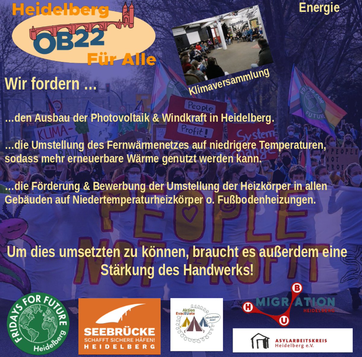 Heute: Unseren Forderungen zur Energie, die wir mit euch bei der Klimaversammlung erarbeitet haben. Diese Forderungen müssen schnell und vollständig umgesetzt werden, damit Strom- und Wärmeversorgung klimaneutral werden!
heidelberg-fuer-alle.de
#HeidelbergFürAlle #Heidelberg2030