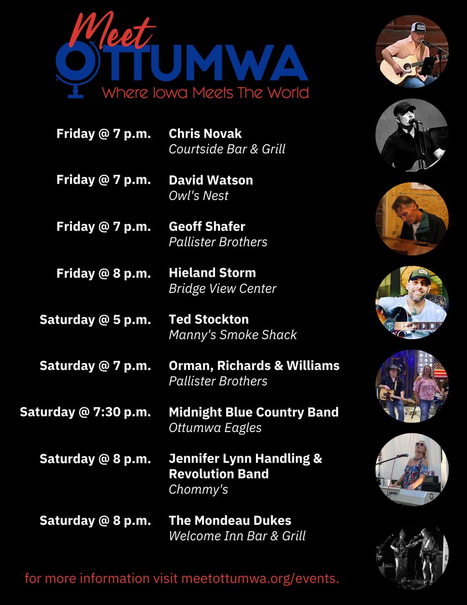 An incredible music line up this weekend in Wapello County. If you didn't have plans, you do now!
#meetottumwa #ottumwa #agency #eldon #eddyville #wapellocounty #livemusic #localmusic #iowamusic