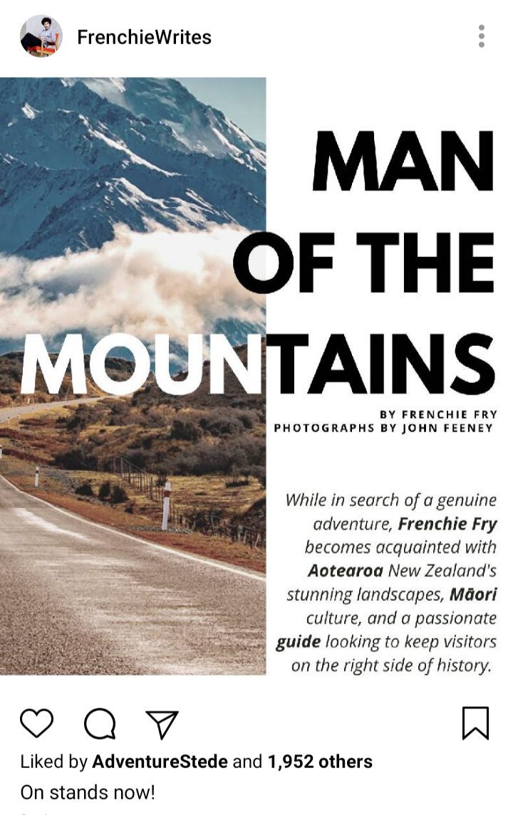 Frenchie's Ig. Cover page of Man of the Mountains article. Caption reads "On stands now!" Liked by Stede.