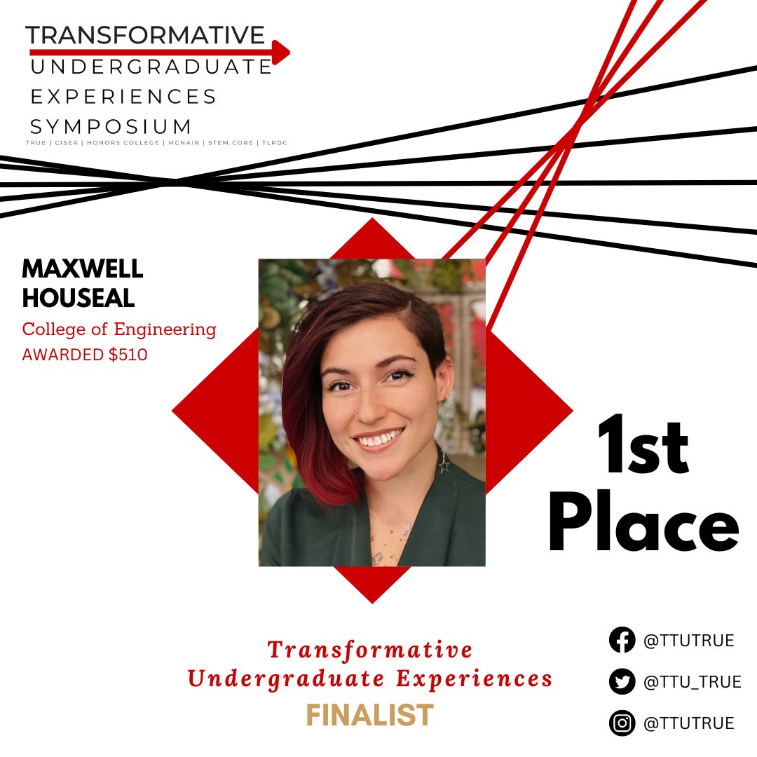 TTU TrUE (@ttu_true) on Twitter photo Congratulations to Maxwell for placing 1st at the 2022 Transformative Undergraduate Experiences Symposium!
Find out more information on:
depts.ttu.edu/true/symposium…
<a href="/ttuciserreach/">CISER - Texas Tech University</a> <a href="/TTUHonors/">Honors College</a> <a href="/ttumcnair/">TTU McNair Program</a> <a href="/ttuSTEM/">TTU STEM CORE</a> @ttutlpdc
<a href="/TTUEngineering/">TTUEngineering</a> Congratulations to Maxwell for placing 1st at the 2022 Transformative Undergraduate Experiences Symposium!
Find out more information on:
depts.ttu.edu/true/symposium…
<a href="/ttuciserreach/">CISER - Texas Tech University</a> <a href="/TTUHonors/">Honors College</a> <a href="/ttumcnair/">TTU McNair Program</a> <a href="/ttuSTEM/">TTU STEM CORE</a> @ttutlpdc
<a href="/TTUEngineering/">TTUEngineering</a>