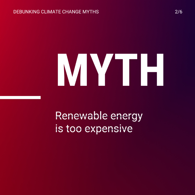 UN's tweet photo. ❌Myth: Renewable energy is too expensive. 

✅ Fact: Renewables are the cheapest form of energy in most parts of the 🌎.

Climate change misinformation is a risk to everyone, but ahead of #COP27, you can get accurate climate information here: