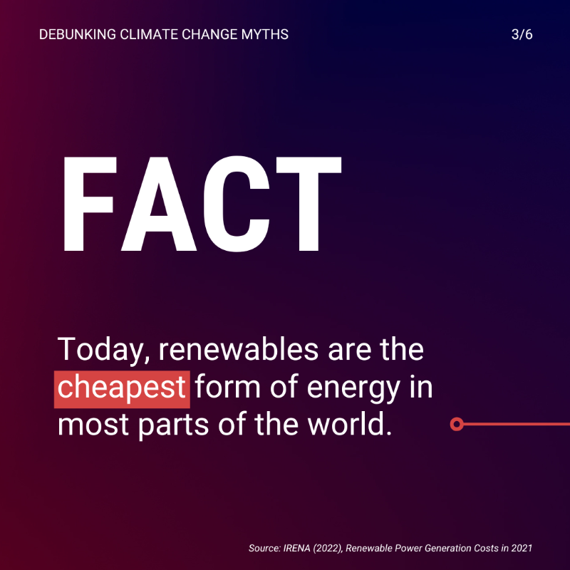 UN's tweet photo. ❌Myth: Renewable energy is too expensive. 

✅ Fact: Renewables are the cheapest form of energy in most parts of the 🌎.

Climate change misinformation is a risk to everyone, but ahead of #COP27, you can get accurate climate information here: