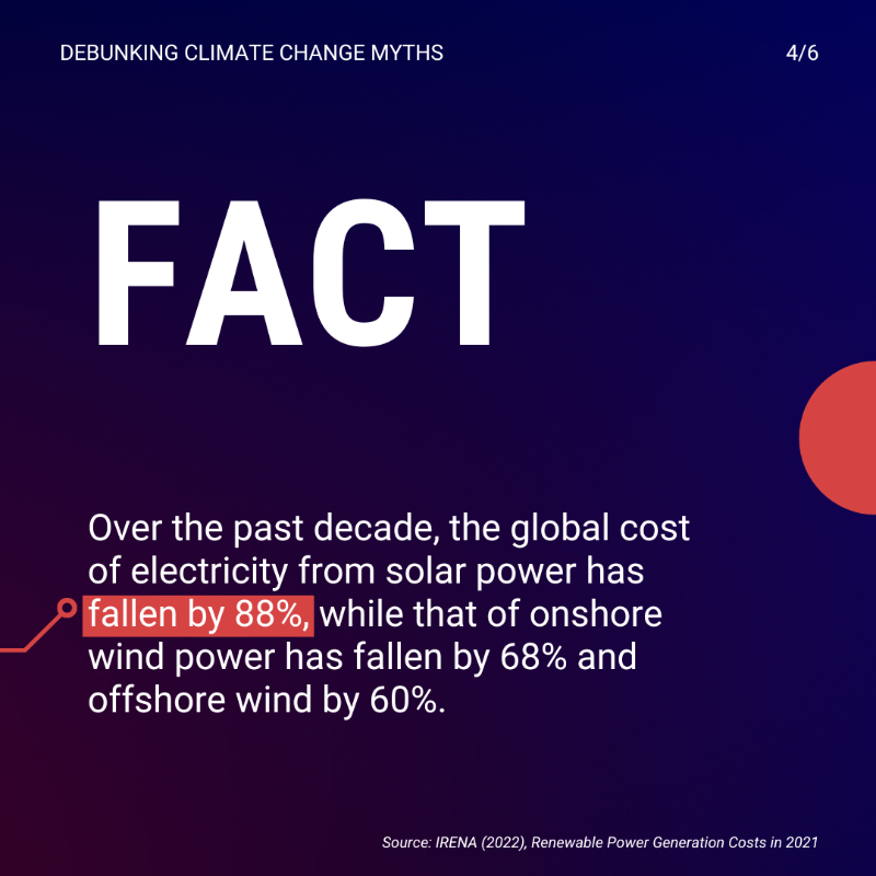 UN's tweet photo. ❌Myth: Renewable energy is too expensive. 

✅ Fact: Renewables are the cheapest form of energy in most parts of the 🌎.

Climate change misinformation is a risk to everyone, but ahead of #COP27, you can get accurate climate information here: