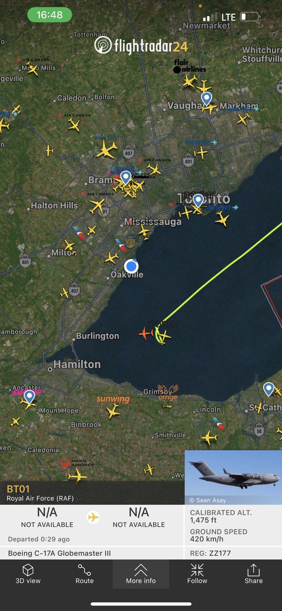 ErnestGutschik's tweet photo. Alert 🚨 Royal Air Force C-17 Globemaster #BT01 ‘BLACKCAT01’ in the southern Ontario area. Presently based for the week out of Canadian Forces Base Trenton doing training. https://t.co/yRQorSgCaX