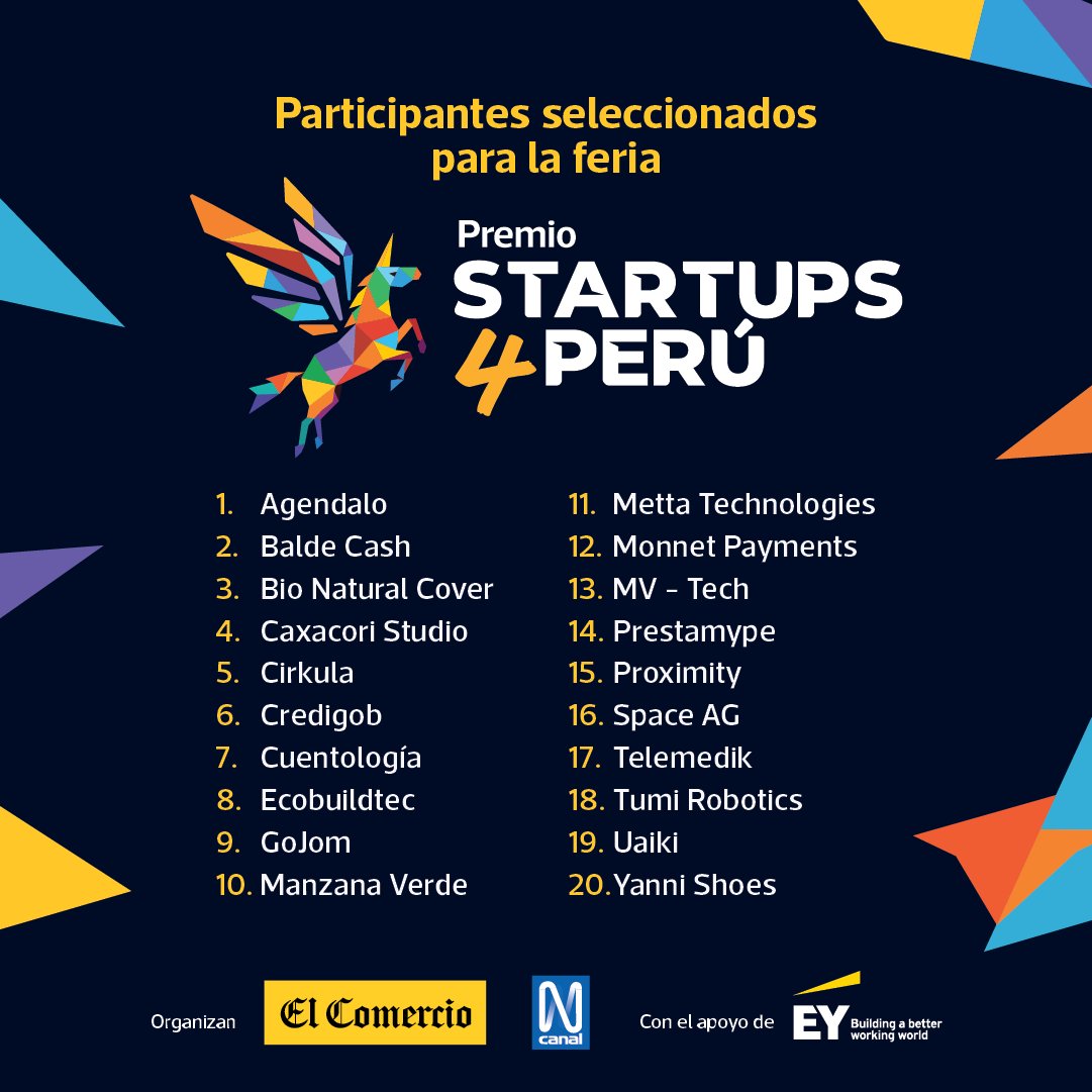 EYPeru's tweet photo. Presentamos a las 20 #startups elegidas para participar en la Feria de la Innovación del "Premio Startups 4 Perú", que nace con el objetivo de dar a conocer las innovadoras soluciones que están revolucionando el sistema ecoemprendedor peruano. https://t.co/J5EGOtCx8p