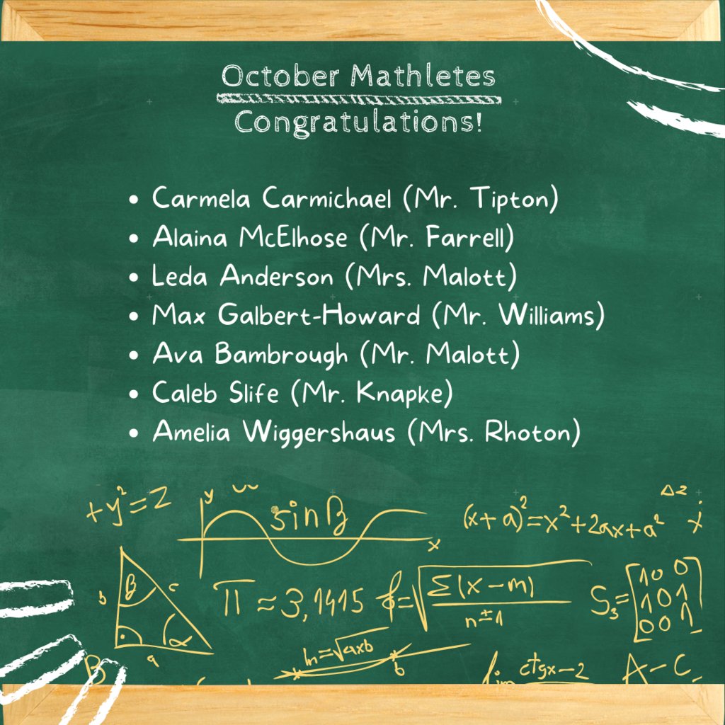 TippCitySchools's tweet photo. Congratulations to the Tippecanoe High School Mathletes for October. As part of a program to provide recognition for students who are working hard and having success in math classes, the Math Department is recognizing Mathletes! #WEareTIPP #mathisgreat #octobermathletes https://t.co/jbDLUiJTSU