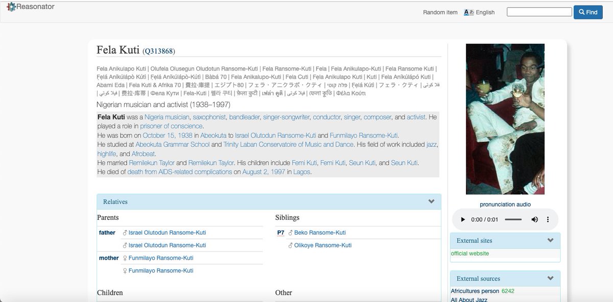 kidehen's tweet photo. @datasniff looks at 2 interesting #FacetedSearch tools that already implement the "#RDF deployed via #HTML" approach for #KnowledgeGraph publication.

About #Fela via Reasonator for #Wikidata: https://t.co/nJZc3P72Uz.

Ditto, via @conzept__: https://t.co/AzUmXwgUVm

#Web30 https://t.co/YeOLQdI4BR