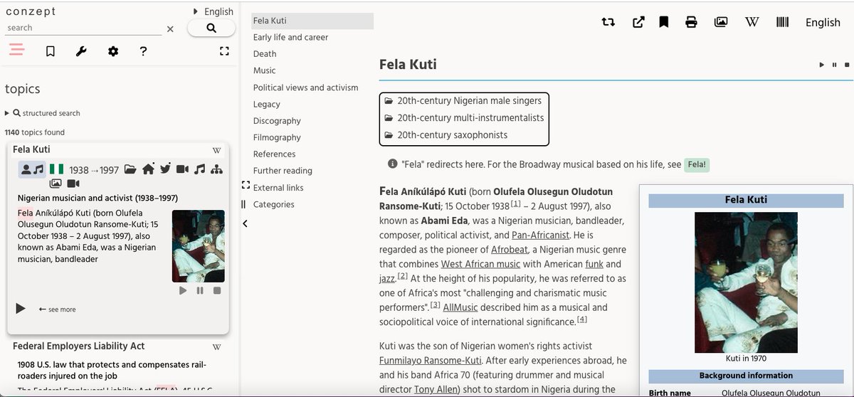 kidehen's tweet photo. @datasniff looks at 2 interesting #FacetedSearch tools that already implement the "#RDF deployed via #HTML" approach for #KnowledgeGraph publication.

About #Fela via Reasonator for #Wikidata: https://t.co/nJZc3P72Uz.

Ditto, via @conzept__: https://t.co/AzUmXwgUVm

#Web30 https://t.co/YeOLQdI4BR