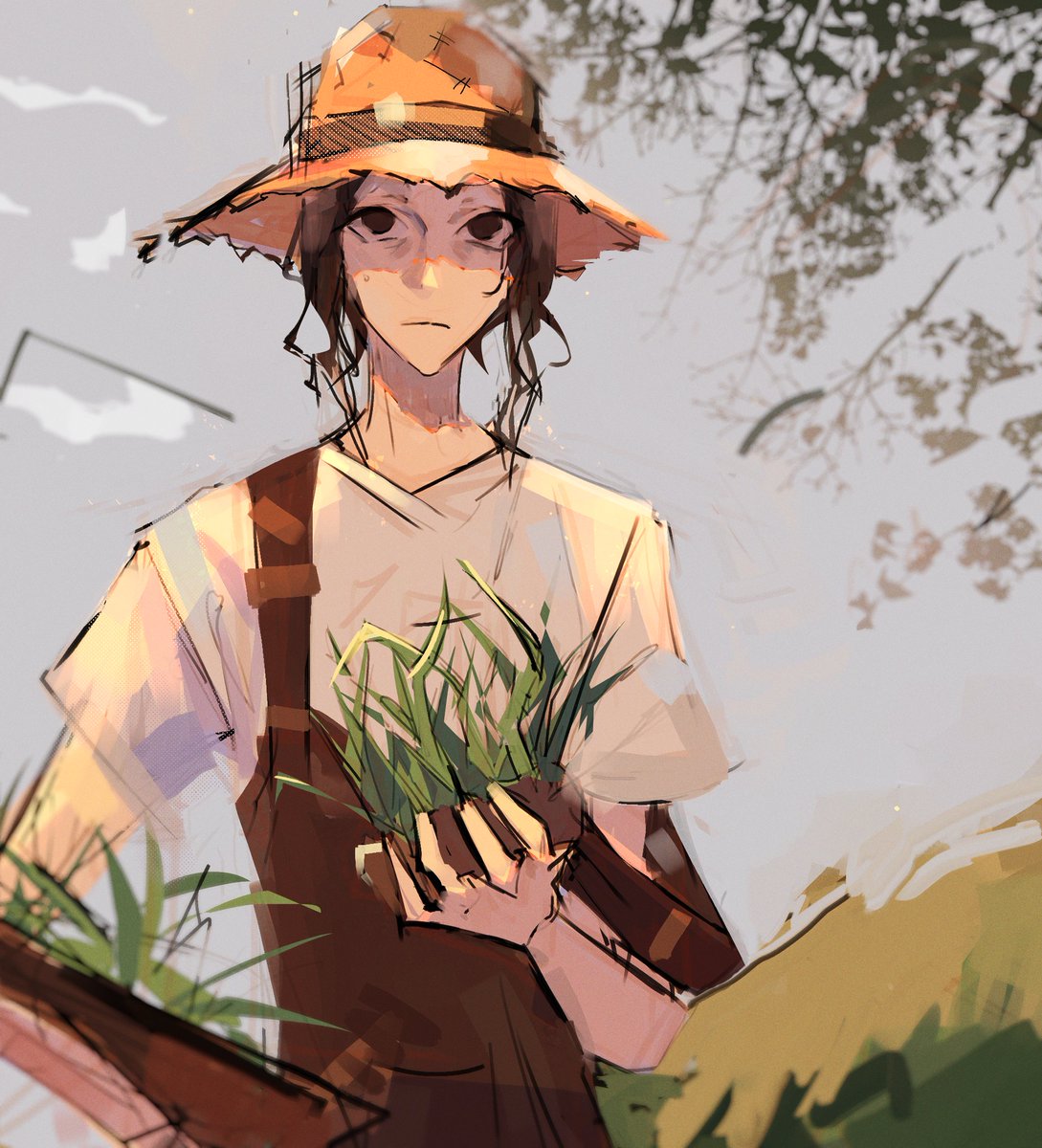 hat solo straw hat shirt holding white shirt overalls  illustration images