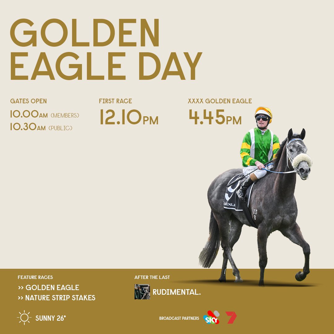 We are all set for #GoldenEagle 🦅 Day at #RosehillGardens featuring the $10 million XXXX #GoldenEagle at 4.45pm. Stay for ‘After The Last’ DJ set by hit UK 🇬🇧 band @Rudimental. 🎟️Tickets: bit.ly/3yePzjb