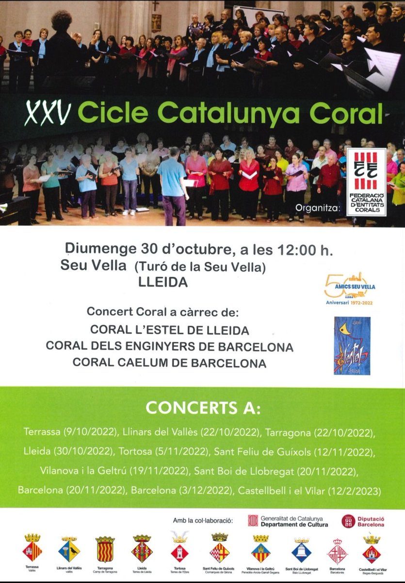 CoralEstelLleid's tweet photo. La @CoralEstelLleid porta el XXV Catalunya Coral al @TuroSeuVella. 

📅 Diumenge 30 d'octubre.
🕛 12:00h

🎶 Coral dels Enginyers de #Barcelona
🎶 Coral "Caelum" de #Barcelona
🎶 Coral l'Estel #Lleida.

També s'emetrà en directe pel nostre perfil de Facebook "Coral Estel Lleida" https://t.co/Dcx4iLKqYj