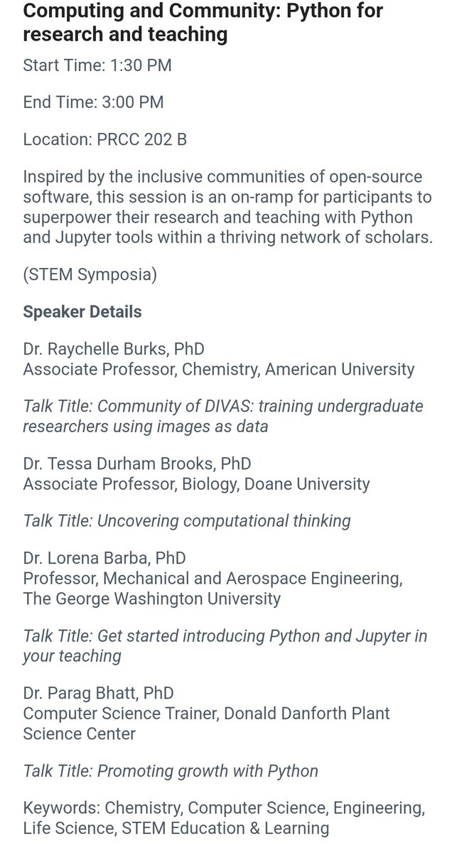 Happy to see my fellow computational thinking educator @DrRubidium who I met last winter in DC at Jupyter Python workshop by @LorenaABarba. I'm looking forward to their session on Computing and Community: Python for research and teaching Sat at #NDiSTEM2022