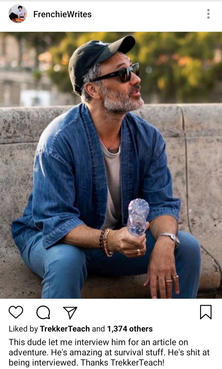 Frenchie's IG. Picture of Ed sitting and talking outside with someone off camera. "This dude let me interview him for an article on adventure. He's amazing at survival stuff. He's shit at being interviewed. Thanks @TrekkerTeach!"