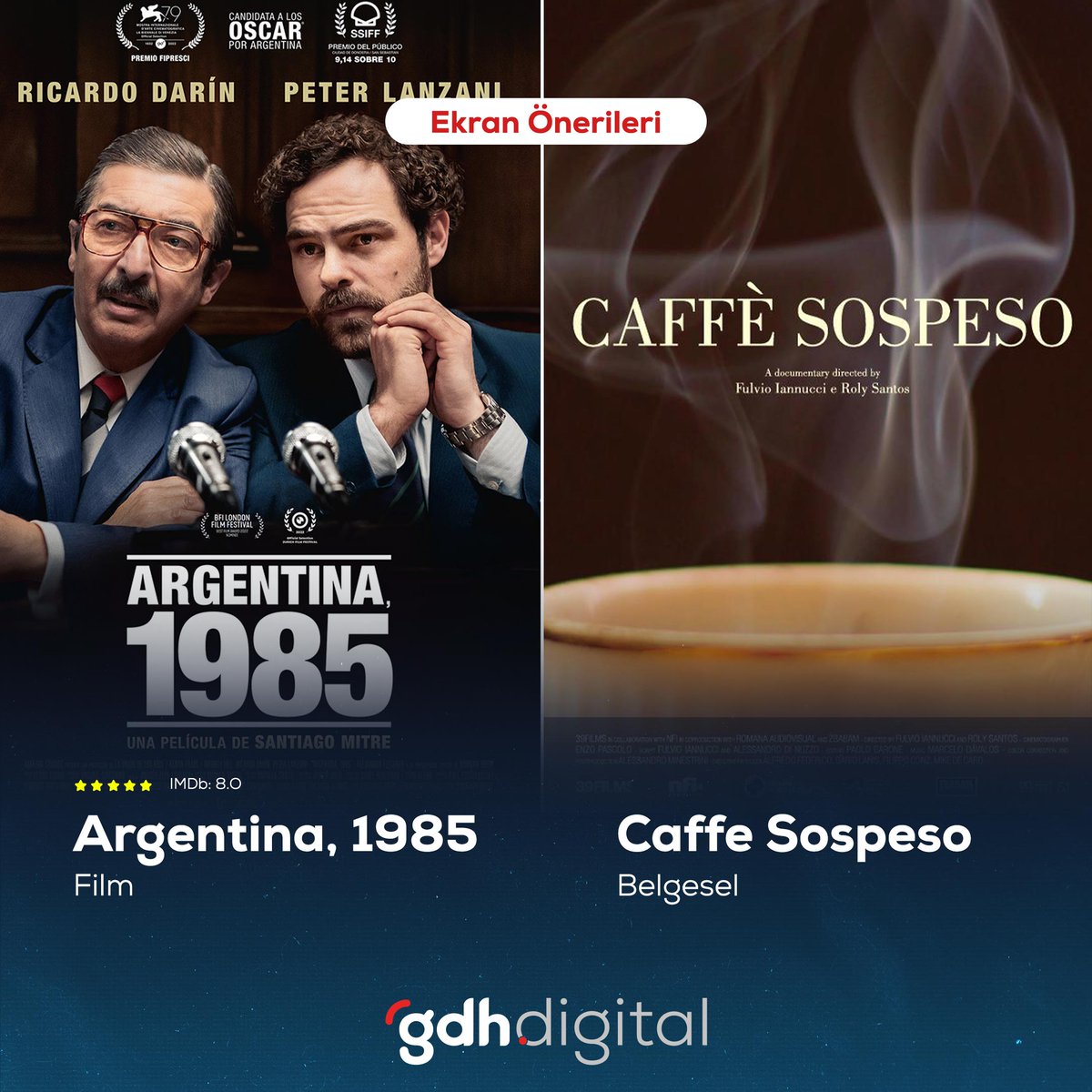 #Cumartesi Ekranı Önerileri 🎥 #Film: Argentina, 1985 / (2022) IMDb puanı: 8.0 📹 #Belgesel: Caffe Sospeso / (2017)