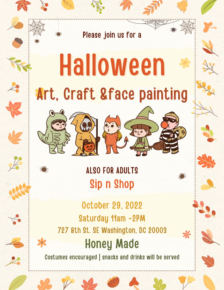 Honey Made is throwing a Halloween party and you're invited! Stop by between 11am - 2 pm tomorrow for face painting, arts & crafts, and snacks. There's even a sip 'n shop for adults! 🍷 📍 727 8th St SE 🕚 11 am - 2 pm 🗓️ Saturday, October 29th
