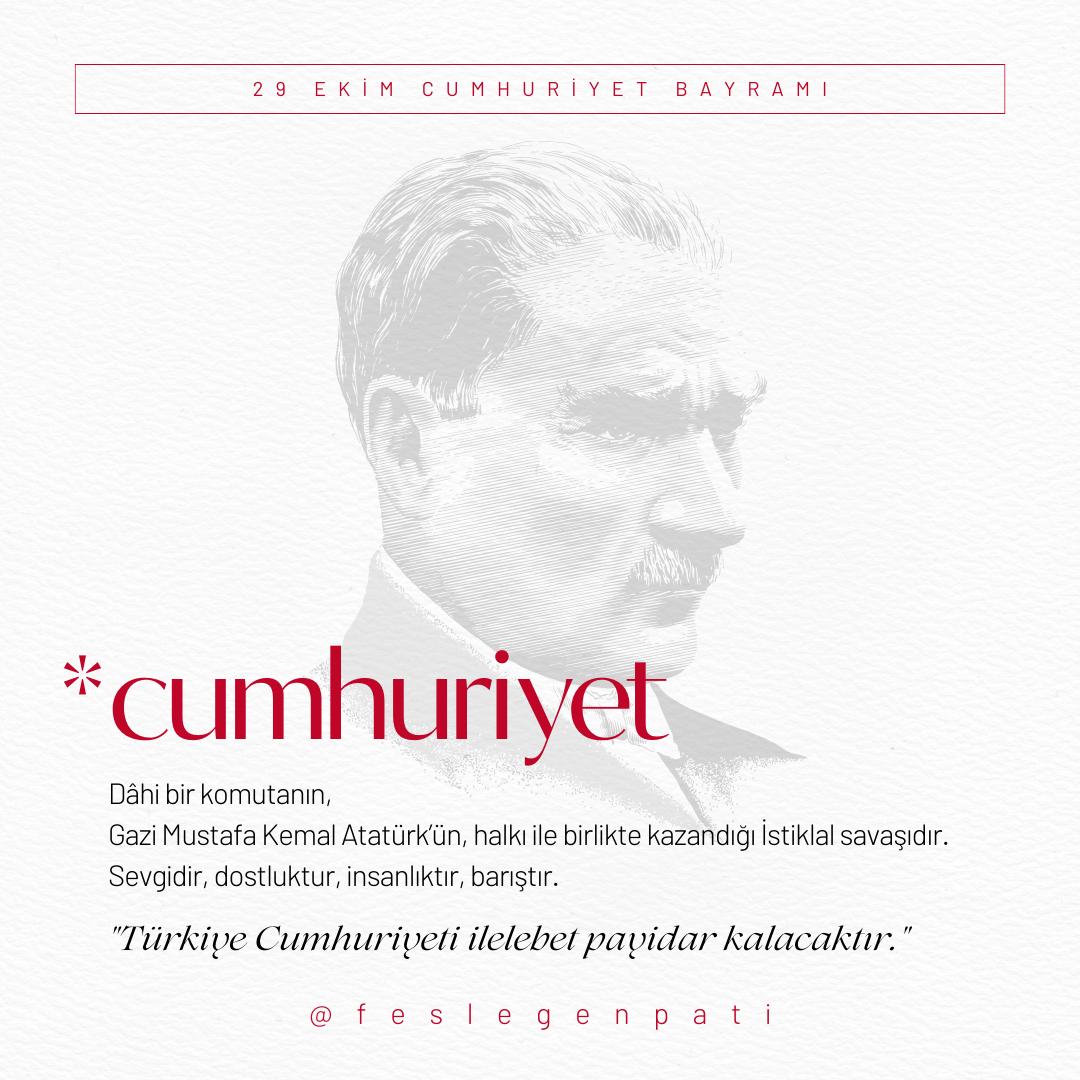 İstiklâl mücadelemizin önderi, Cumhuriyetimizin kurucusu Gazi Mustafa Kemal Atatürk ile silah arkadaşları başta olmak üzere bütün şehit ve gazilerimizi şükran, saygı ve rahmetle anıyoruz.
Cumhuriyetimizin 99. yılı kutlu olsun! 🇹🇷 
#29EkimCumhuriyetBayramımız