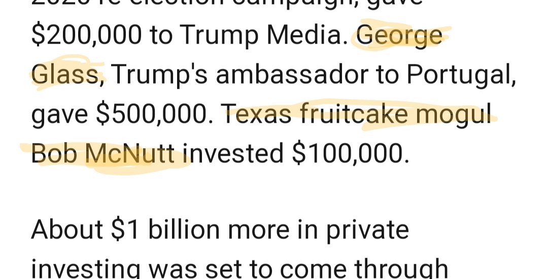 Sometimes I forget this is a simulation, then I see something like 'investors in Truth Social include a Brady Bunch reference and Bob McNutt (Texas fruitcake mogul)' and I remember
