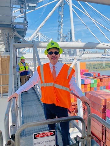 DepSecGraves's tweet photo. While in Savannah, #DepSec visited the Port of Savannah to discuss the Portโs day-to-day operations and its impact in facilitating trade in the region โ๏ธ. And no port visit would be complete without a trip up a crane. The views were amazing! https://t.co/6Spmx638En