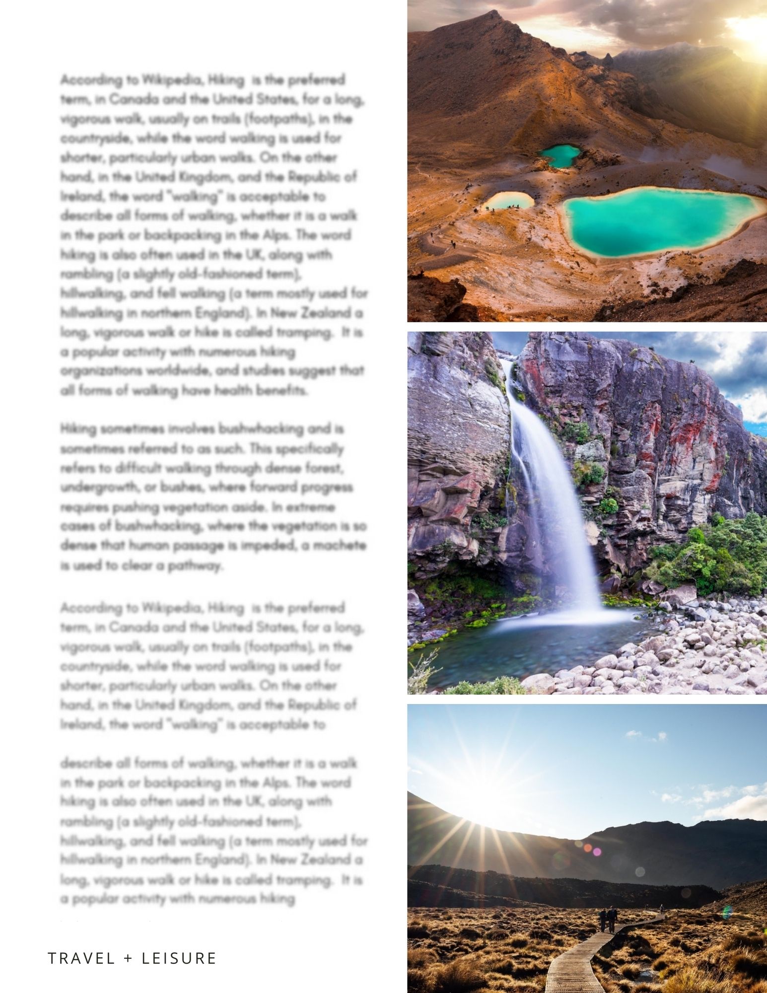 Page of article text blurred. Picture of Tongariro, waterfall.