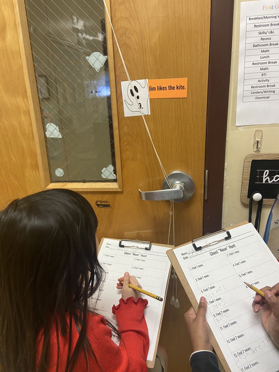DesheaMonet's tweet photo. Who you gonna call? Ghostbusters! My kids were so engaged with our ghost noun hunt this afternoon. It made my heart so happy to hear them reading with their partner and talking about nouns. We ain’t afraid of no ghosts👻 @rmkirkbride @MaryMyers11 @AndrewElem https://t.co/3GfwlfC7NL