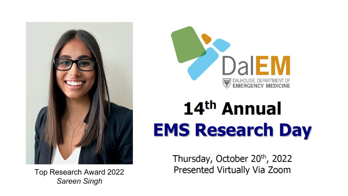 Congratulations to <a href="/SareenKSingh/">Sareen Singh</a> 
Winner of⭐️Top Research Award⭐️
<a href="/DALDivEMS/">Dalhousie Division of EMS</a> Emergency Medical Services Research Day for her thesis project “Patterns of opioid exposure for low back pain in the emergency care system &amp; risk of prolonged opioid use”
<a href="/DalEpidemiology/">Dal Community Health & Epidemiology</a>
<a href="/DalMedSchool/">DalMedSchool</a>
