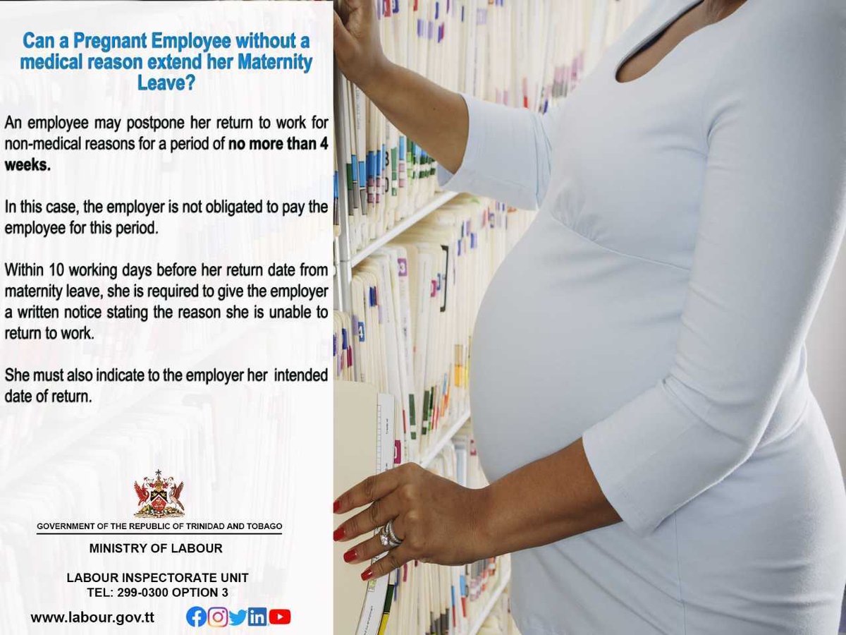 LabourGovTT's tweet photo. Last Tuesday we explored Extended Maternity Leave for medical reasons. Today we will share whether pregnant employees can extend their maternity leave for non-medical reasons. Take a look at our E-Poster to learn more on this.
#LiTuesday #LabourGovtTT #MaternityMattersatwork https://t.co/kNKOvPG8Ow