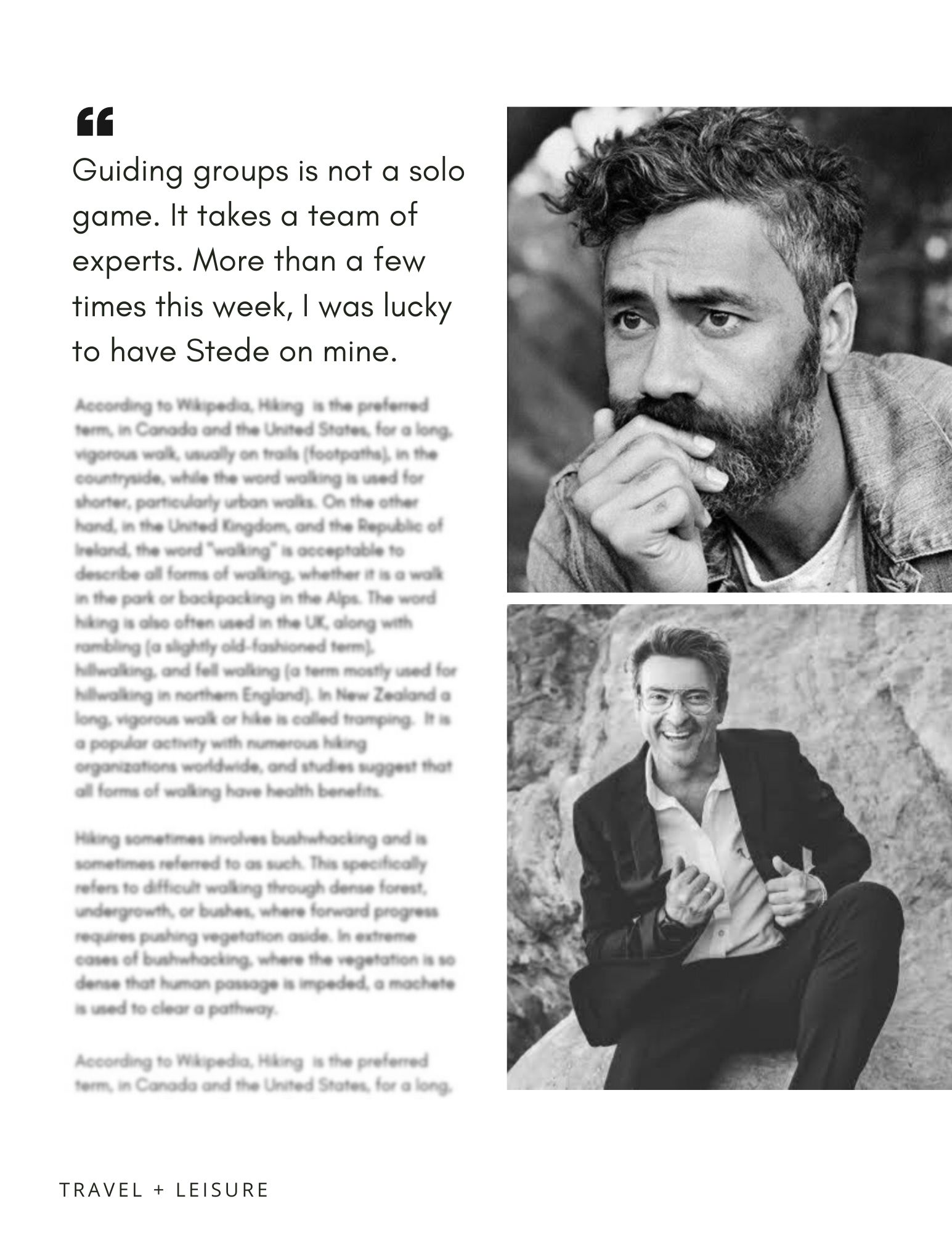 Page of article. Images of Ed and Steve in black and white. text blurred out, pull quote reads "Guiding groups is not a solo game. It takes a team of experts. More than a few times this week, I was lucky to have Stede on mine."