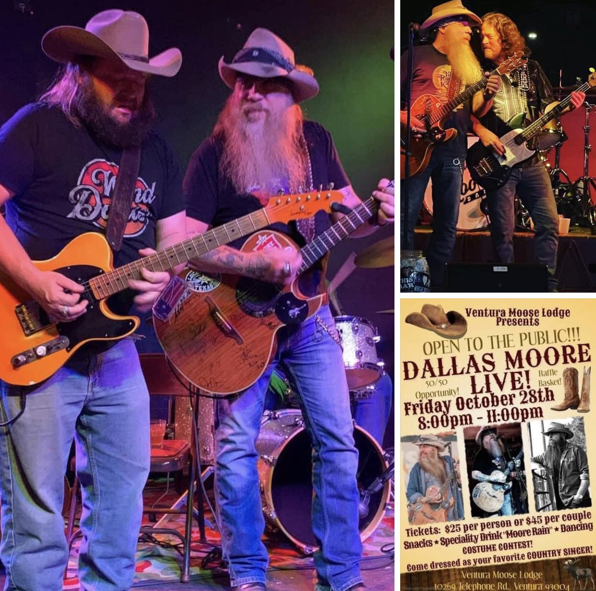 dallasmoore's tweet photo. Ventura Moose Lodge in Ventura, California 8pm TONITE W/ @TedRussellKamp @ameripolitan1 #opentopublic #getthosetickets $25 Single or $45 Couple #HappyHalloween #outlawcountry https://t.co/m4dXI2kKzi